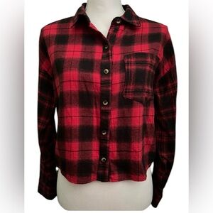 Love Notes Black/Red Buffalo Check Plaid Button Down Cropped Long Sleeve Top